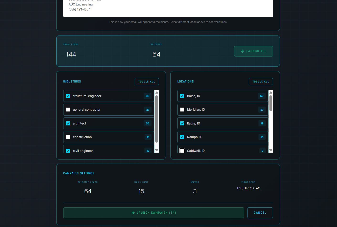 Campaign targeting interface with industry and location filters